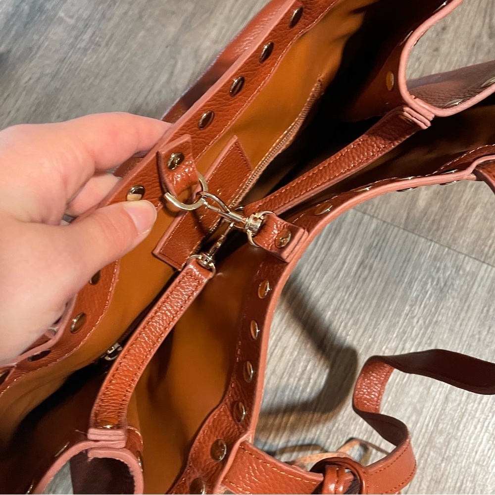 LAGGO Remy Cognac Tan Leather Studded Tassel Tote Bag - Picture 11 of 15